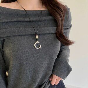 Gray Off-Shoulder Sweater with Necklace